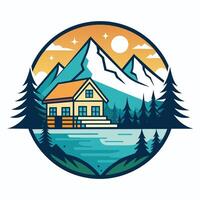 A house stands in front of a towering mountain in the background, Design a minimalist logo for a lakeside resort that exudes tranquility vector