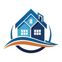 A blue house surrounded by an orange wave, standing out boldly against the background, house building logo design vector