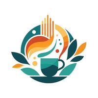 A coffee cup sits on a saucer with a spoon beside it, Incorporate abstract elements to symbolize creativity and innovation in a cafe logo vector