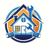 un casa con un llave inglesa acostado en sus techo, simbolizando hogar reparar y mantenimiento, hogar reparar logo vector