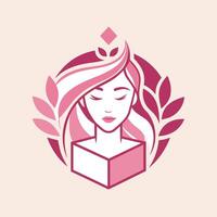 A woman with long hair engrossed in reading a book, Develop a simple, elegant logo for a subscription-based beauty box service vector