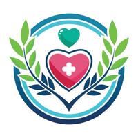 A heart shape with a cross at the center surrounded by green leaves, Health care logo set with heart shape vector