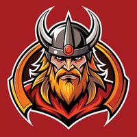 un vikingo guerrero con un casco en su cabeza, encarnando fuerza y fuerza, dominante vikingo logo mascota vector