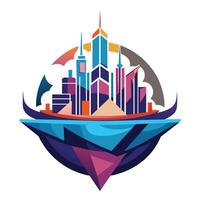 A city skyline featuring imposing skyscrapers and other structures towering above the urban landscape, Abstract geometric representation of a bird in a minimalist style vector