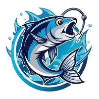 un pescado es enganchado en un pescar línea, luchando con el gancho en sus boca, pescado y gancho logo con agua chapoteo decoración vector