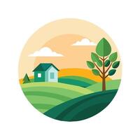 un verde campo con un casa y un árbol de pie, sereno paisaje con minimalista toca, tal como un soltero árbol o casa vector