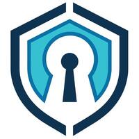 A blue shield with a key symbol inside, representing security and protection, Minimalist depiction of a keyhole or lock symbolizing privacy and protection vector