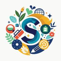 The letter S is featured prominently in the center of the composition, encircled by an array of diverse items, Letter S logo icon design template elements vector