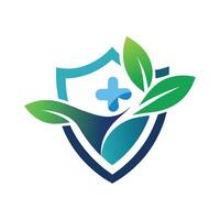A shield featuring intricate leaves and a cross design, symbolizing protection and faith, Produce a clean and elegant logo for a health insurance company, emphasizing simplicity and clarity vector