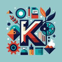 The letter K stands out amidst a collection of diverse objects in a dynamic composition, Letter K logo icon design template elements vector