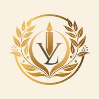 un dorado logo presentando un lápiz metido en el centro, transporte un sentido de sofisticación y creatividad, sereno y sofisticado diseño para un lujo productos cosméticos marca vector