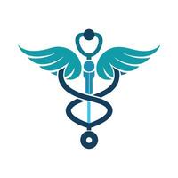 un médico símbolo presentando alas y un personal, simbólico de curación y cuidado de la salud, minimalista diseño de un estetoscopio entrelazados con un caduceo símbolo vector