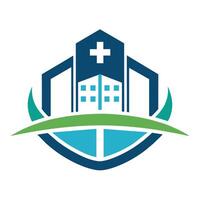 un hospital logo diseño presentando un prominente cruzar en parte superior de él, simbolizando cuidado de la salud y médico servicios, sencillo aún impactante representación de un cuidado de la salud instalaciones vector