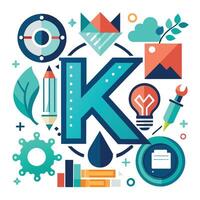 The letter K is positioned in the center, surrounded by a collection of diverse objects and elements, Letter K logo icon design template elements vector