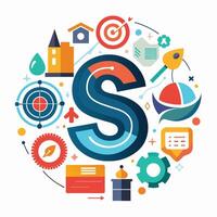 A letter S is surrounded by a variety of different items in this composition, Letter S logo icon design template elements vector