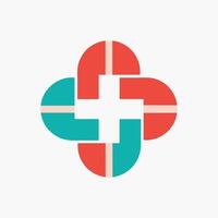 un cruzar posicionado en el centrar de un círculo, utilizando negativo espacio creativamente, negativo espacio usado creativamente a representar un médico cruzar en un minimalista logo vector