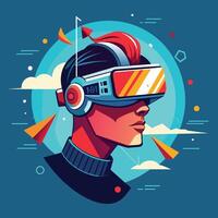 A man is wearing a virtual reality headset, man head with virtual reality helmet logo vector