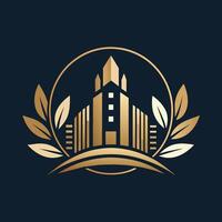 un moderno logo diseño en oro con un edificio a sus centro, un pulcro y limpiar logo inspirado por el mundo de legal consultoría vector