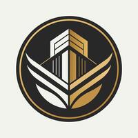 A modern logo design in black and gold colors with a prominent building in the center, A sleek and clean logo inspired by the world of legal consultancy vector