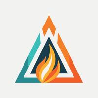 A stylized triangle shape with a fiery design inside, representing energy and power, Triangle shapes forming a stylized flame for energy innovation vector