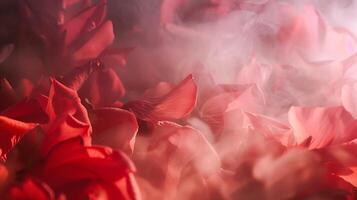 Soft focus blur red flower petals Fog smoke nature horizontal copy space background, photo