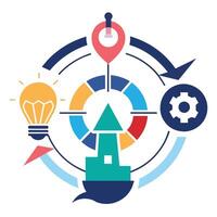 A modern light bulb encircled by various icons and arrows, symbolizing strategic planning and innovation, A clean and modern representation of strategic problem-solving through visual elements vector