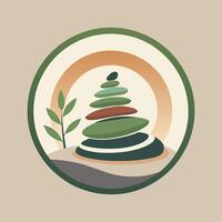 logo diseño incorporando rocas y un planta en un zen jardín configuración, zen jardín con cuidadosamente arreglado piedras y sutil texturas vector