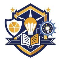 A light bulb and a book placed on a shield in a bold graphic emblem design, A bold, graphic logo representing a college with a focus on innovation and creativity vector