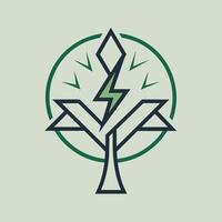 Logo with intertwined tree outline and lightning bolt in green and black colors, Tree outline intertwining with electricity bolt for a unique logo vector