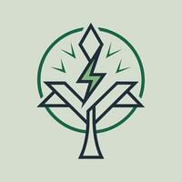 Logo with intertwined tree outline and lightning bolt in green and black colors, Tree outline intertwining with electricity bolt for a unique logo vector