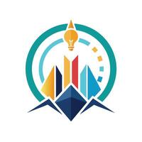 Logo design showcasing a light bulb placed on a mountain summit, A design that embodies the concepts of analysis, innovation, and leadership vector