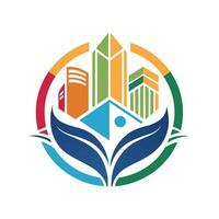 City logo featuring buildings in the background, Abstract representation of educational resources, minimalist simple modern logo design vector