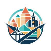 A city scene featuring a clock tower and bridge, A chic and simple logo featuring geometric shapes representing travel destinations vector