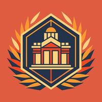A building with a clock tower is surrounded by flames, engulfing the structure in a fiery inferno, A clean, geometric logo representing a prestigious university vector