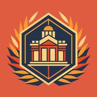 A building with a clock tower is surrounded by flames, engulfing the structure in a fiery inferno, A clean, geometric logo representing a prestigious university vector