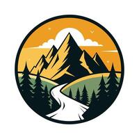 la carretera corte mediante un denso bosque con imponente montañas en el fondo, un minimalista logo diseño incorporando un montaña silueta para un excursionismo viaje planificador vector