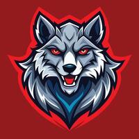 A close-up view of a gray wolfs head with striking red eyes staring intensely, wolves mascot esport logo character design vector