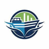 A boat cruises on the water with a city skyline in the background, Simplifying the idea of shipping into a visually striking logo vector