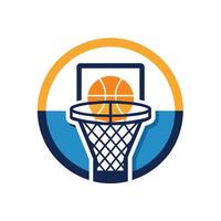 A basketball rests snugly inside a basketball hoop against a clear sky, ready for the next game, A clean and modern representation of a basketball hoop and net vector