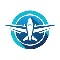 un avión altísimo mediante un vibrante azul circulo en el cielo, un limpio, moderno logo con un estilizado avión icono para un viaje reserva plataforma vector