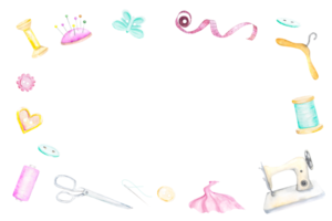 Frame from a watercolor sewing kit. Hangers, buttons, threads, ribbon, sewing machine, needlework, embroidery scissors Hand drawn png