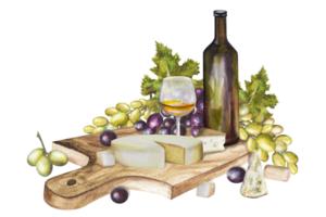 acuarela ilustración, vino composición con un botella de vino, diferente tipos de queso y uvas. vino conjunto para varios diseños png