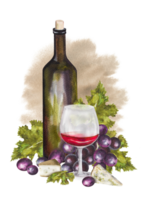 Watercolor illustration, wine composition with a bottle of wine, different types of cheese and grapes. Wine set for various designs. png