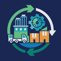 A truck drives through a circular structure with a clock on it, A minimalist graphic symbolizing the intricacies of supply chain management in industry vector