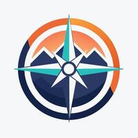 A compass pointing towards majestic mountains in the background, A minimalist logo featuring a compass symbol for a travel navigation app vector