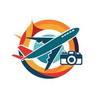 An airplane equipped with a camera capturing footage while flying through the air, A contemporary design with a camera and airplane graphic symbolizing travel adventures vector