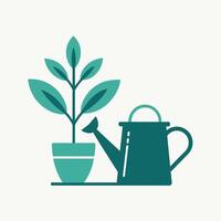 A watering can placed next to a potted plant in a minimalist setting, A minimalist illustration of a watering can and potted plant vector