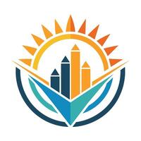Logo design with a sun in the background representing a city, A design that embodies the concepts of analysis, innovation, and leadership vector