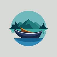 un solitario canoa pacíficamente flotadores en un vidrioso lago superficie, un solitario canoa a la deriva en un vidrioso lago, minimalista sencillo moderno logo diseño vector