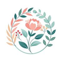 A circle featuring a variety of leaves and flowers in a whimsical watercolor style, Subtle watercolor floral elements for a whimsical wedding aesthetic vector